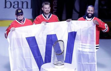 Cubs players take 'W' flag with World Series trophy to Blackhawks game