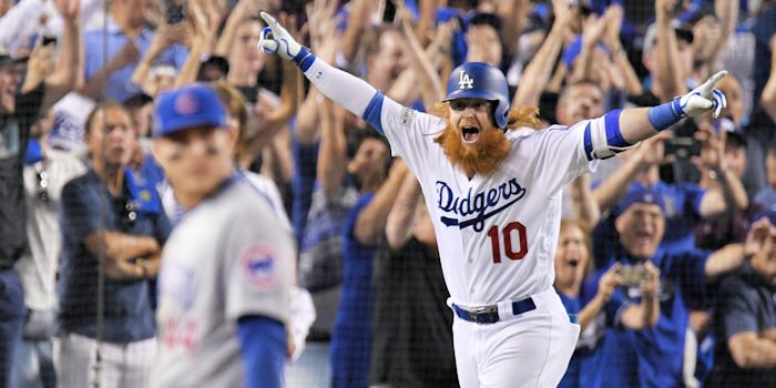 Although an injury did not play a factor, Justin Turner chanelled his inner Kirk Gibson with the walk-off homer.  (Credit: Hanashiro-USA TODAY Sports)