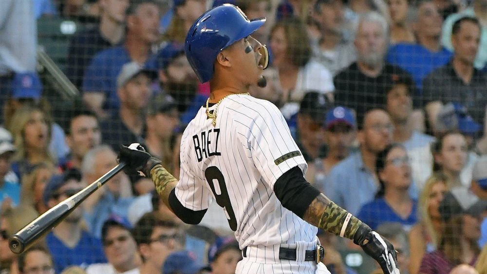 Javier Baez hit one of two home runs for the Cubs on the night. (Photo Credit: Matt Marton-USA TODAY Sports)