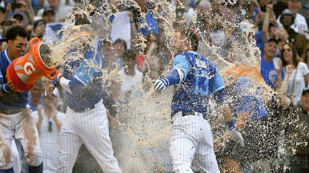 David Bote received a well-deserved Gatorade bath after hitting his second career walk-off bomb. (Photo Credit: Matt Marton-USA TODAY Sports)