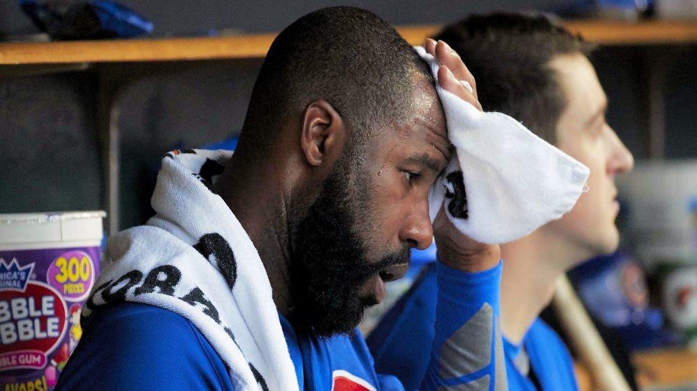 Cubs right fielder Jason Heyward departed Wednesday's game after feeling tightness in his left hamstring. (Credit: Rick Osentoski-USA TODAY Sports)