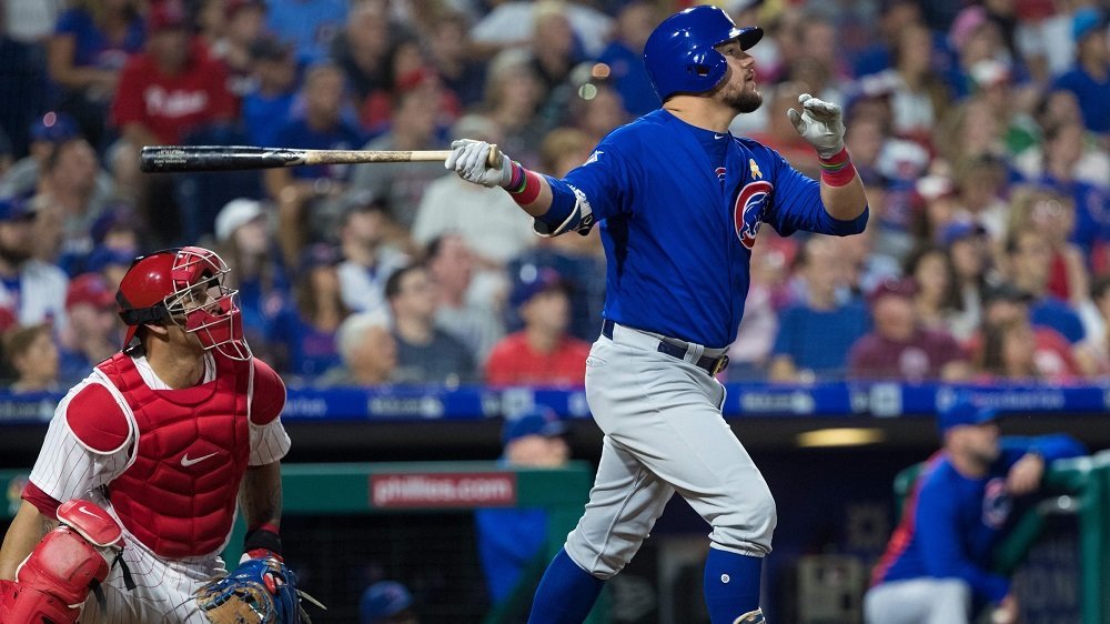 Chicago Cubs left fielder Kyle Schwarber hustled around the bases for a two-run triple. (Photo Credit: Bill Streicher-USA TODAY Sports)