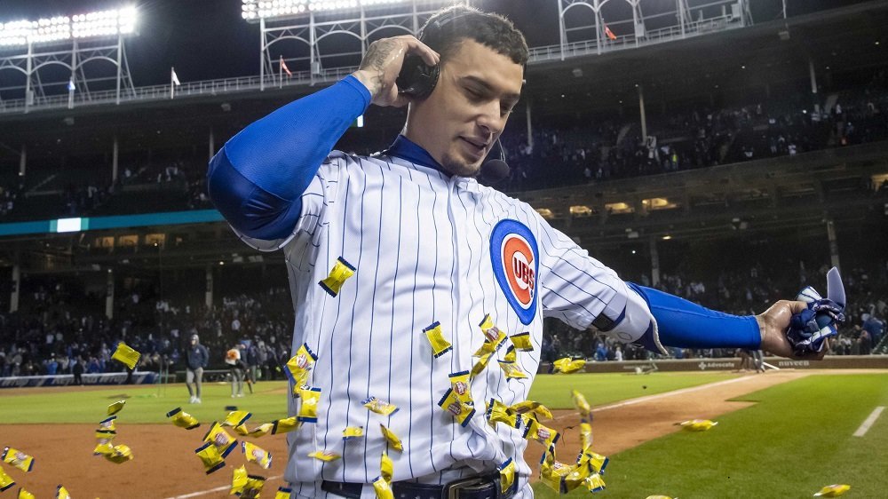 An avid chewer of gum, Javier Baez had a bucket of bubble gum dumped onto him by his teammates after the walk-off win. (Credit: Patrick Gorski-USA TODAY Sports)