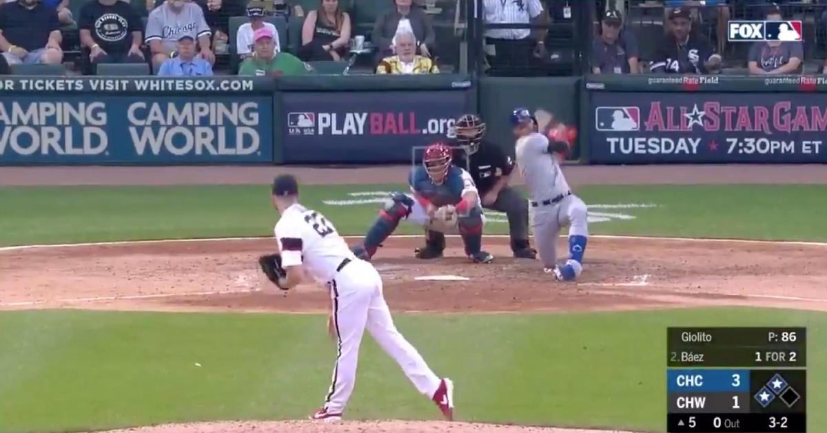 Chicago Cubs shortstop Javier Baez made a kneeling swing that resulted in a 2-run double.