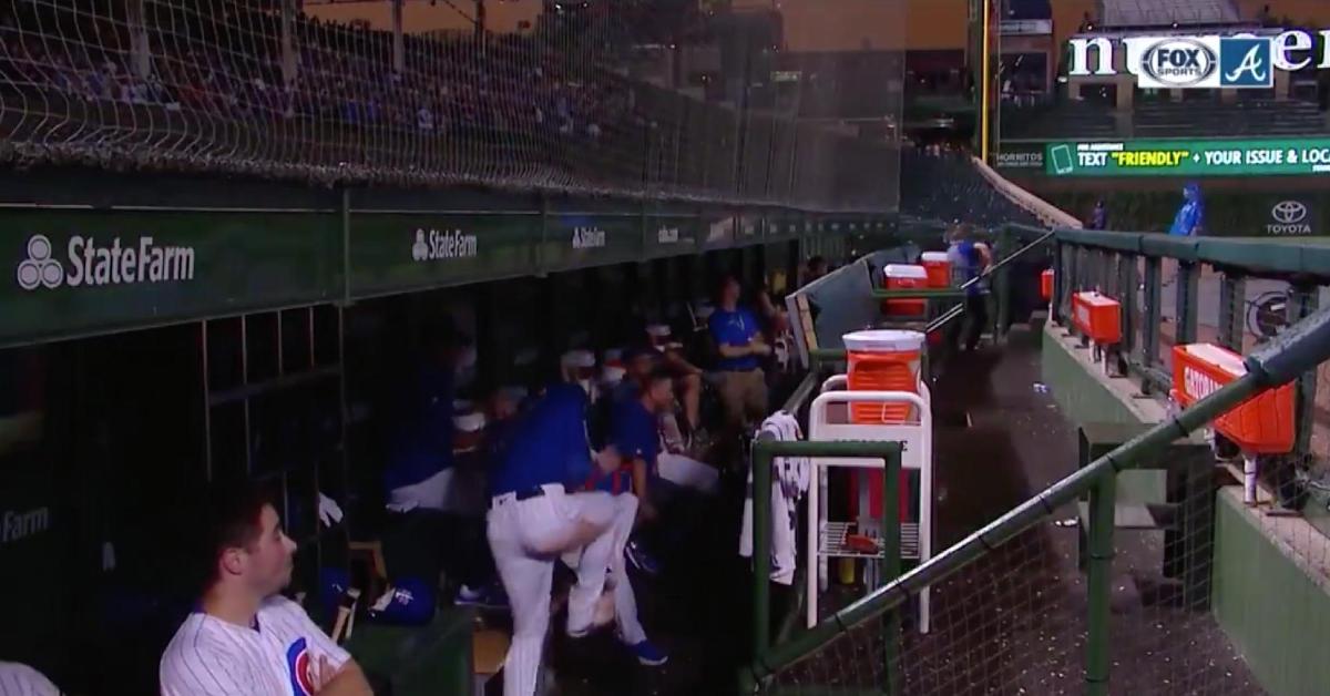 While waiting out a thunderstorm at Wrigley Field, Kris Bryant was startled by the bad weather.