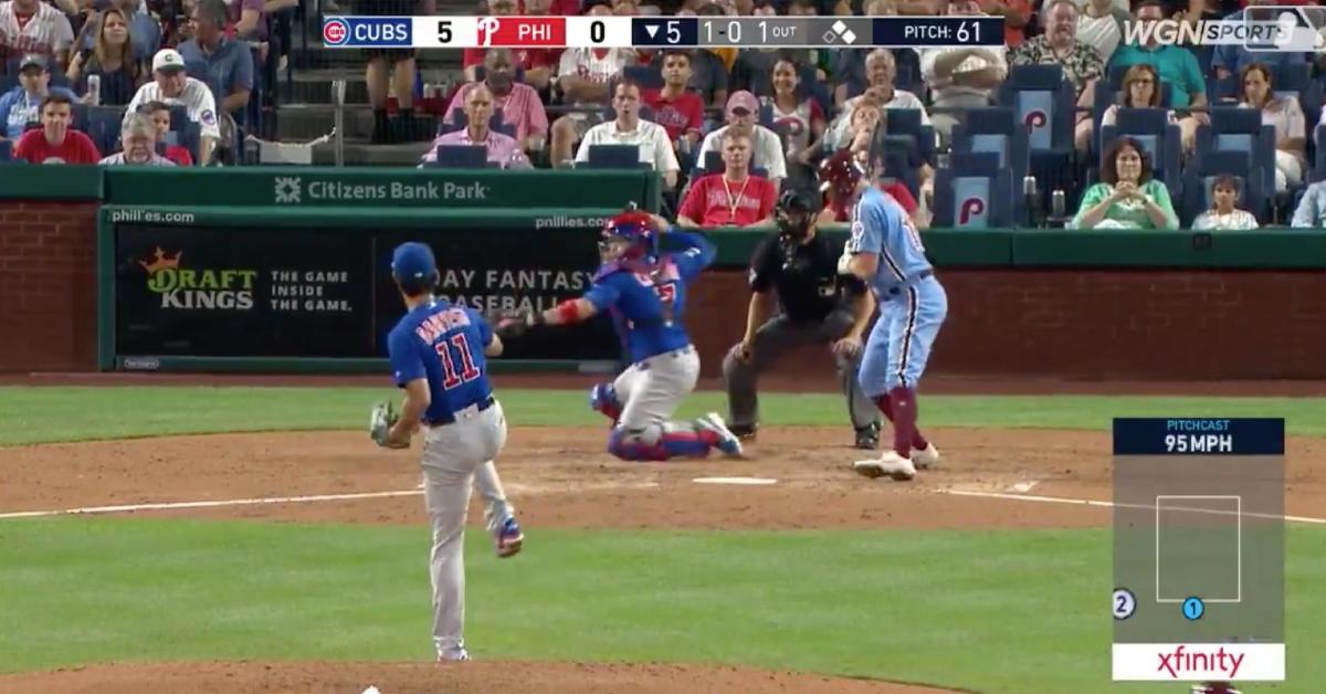 Chicago Cubs catcher Victor Caratini picked off a runner at first base with a laser of a throw that he made from his knees.