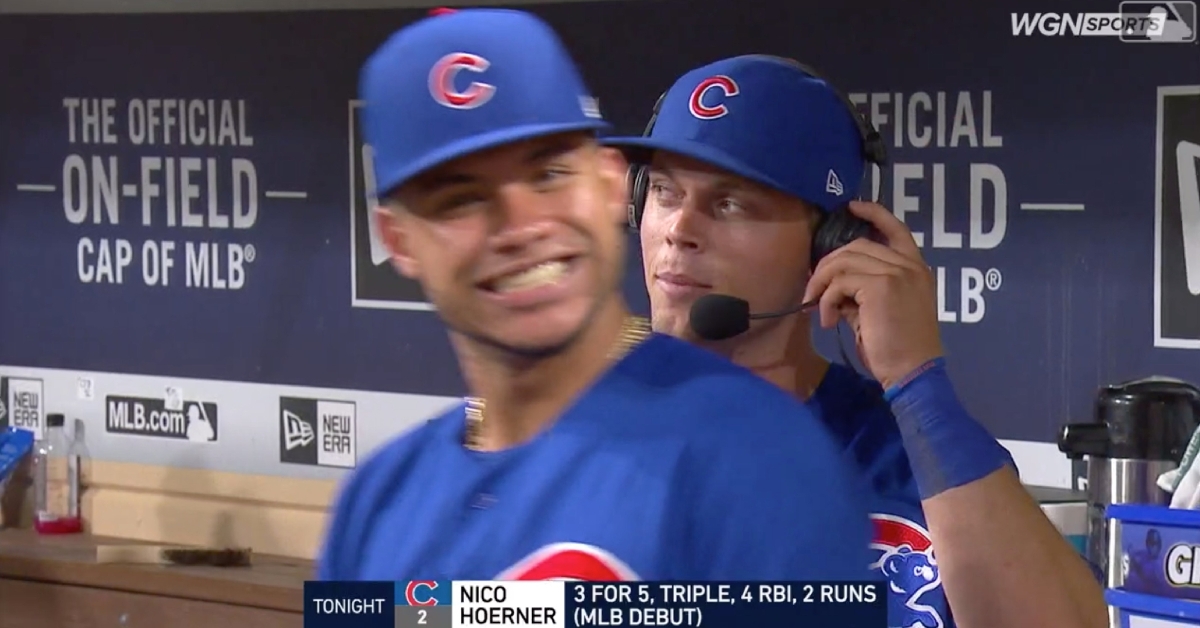 Willson Contreras dd not shy away from an opportunity to videobomb Cubs newcomer Nico Hoerner.