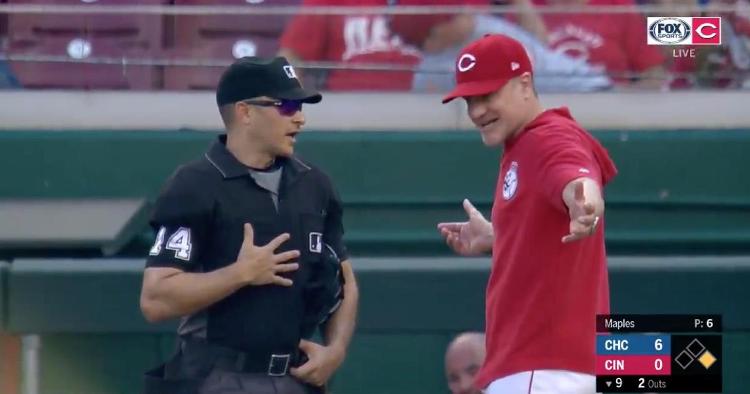 Reds manager David Bell was clearly unhappy about Pedro Strop not getting ejected.