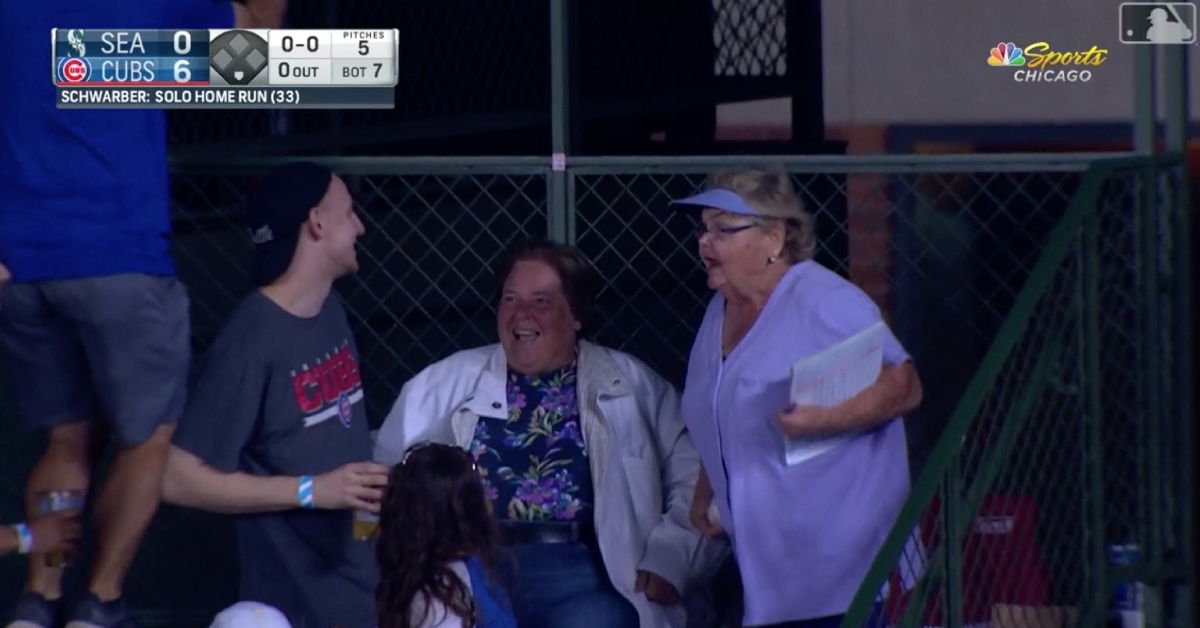 A fiery grandma lashed out at a couple of dudes who were attempting to get their grubby hands on her prized home-run ball.