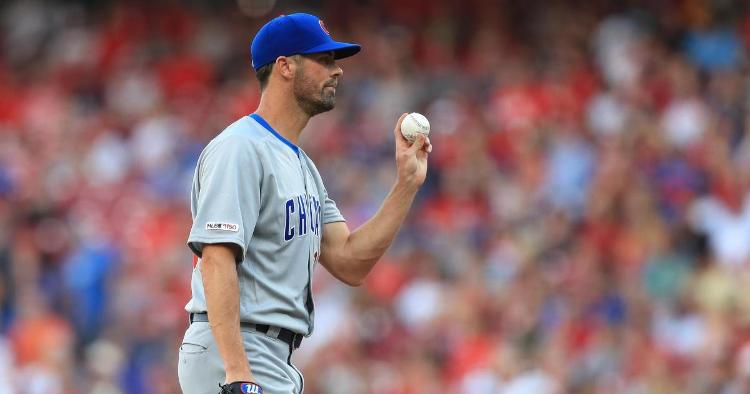Cubs starting pitcher Cole Hamels strained his left oblique on Friday night. (Credit: Aaron Doster-USA TODAY Sports)