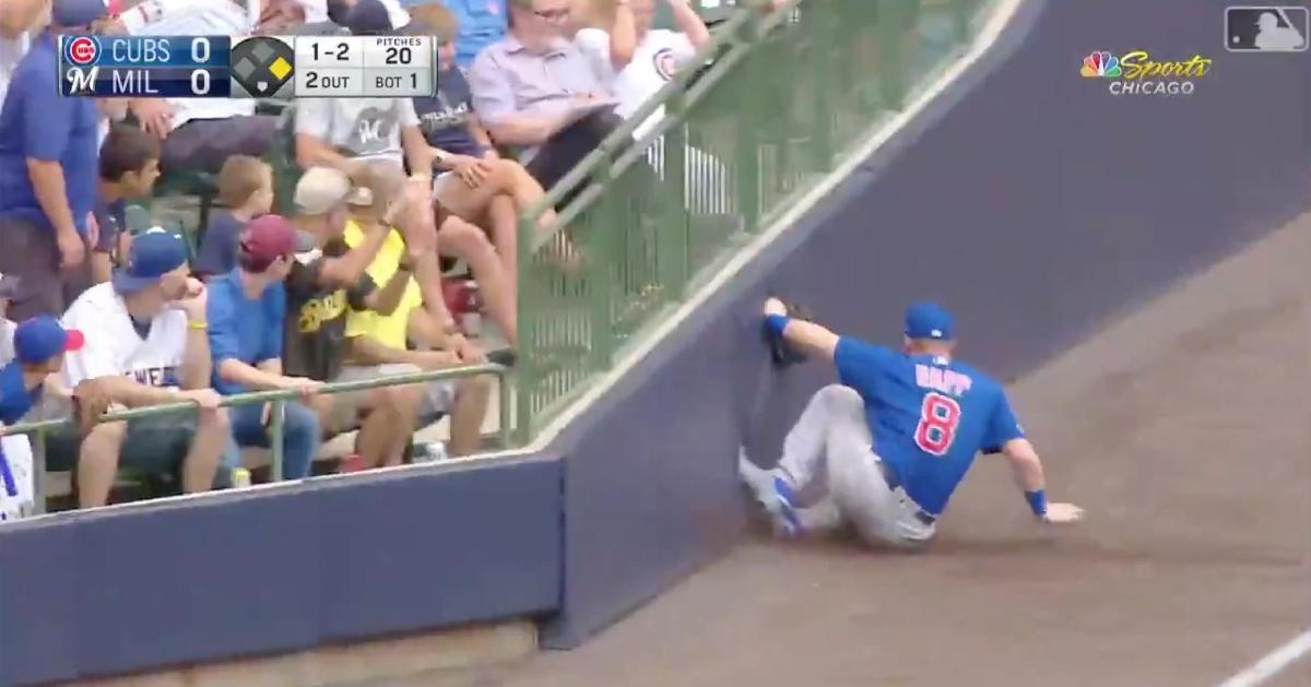 Ian Happ slid into foul territory in order to make his first significant play as a member of the 2019 Chicago Cubs.