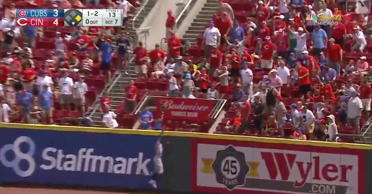 Jason Heyward robbed the Reds' Nick Senzel of a solo home run with this leaping grab.
