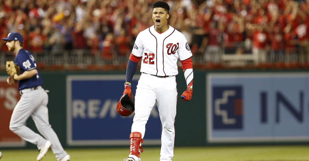 Washington Nationals left fielder Juan Soto cleared the bases with what proved to be the game-winning hit with two outs in the bottom of the eighth. (Credit: Geoff Burke-USA TODAY Sports)
