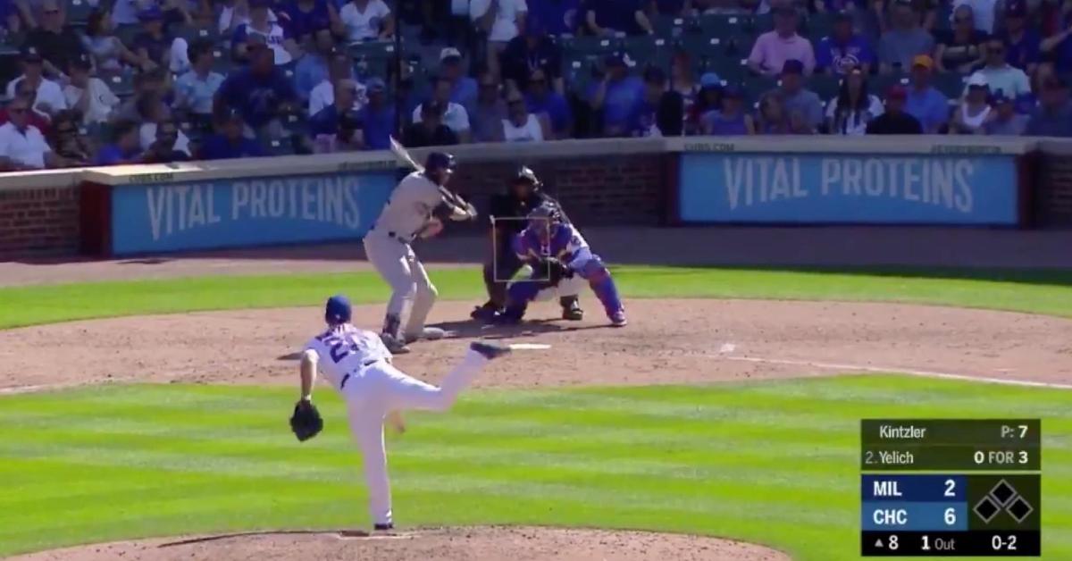 Brandon Kintzler needed just three pitches to strike Christian Yelich out after being forced to change gloves.