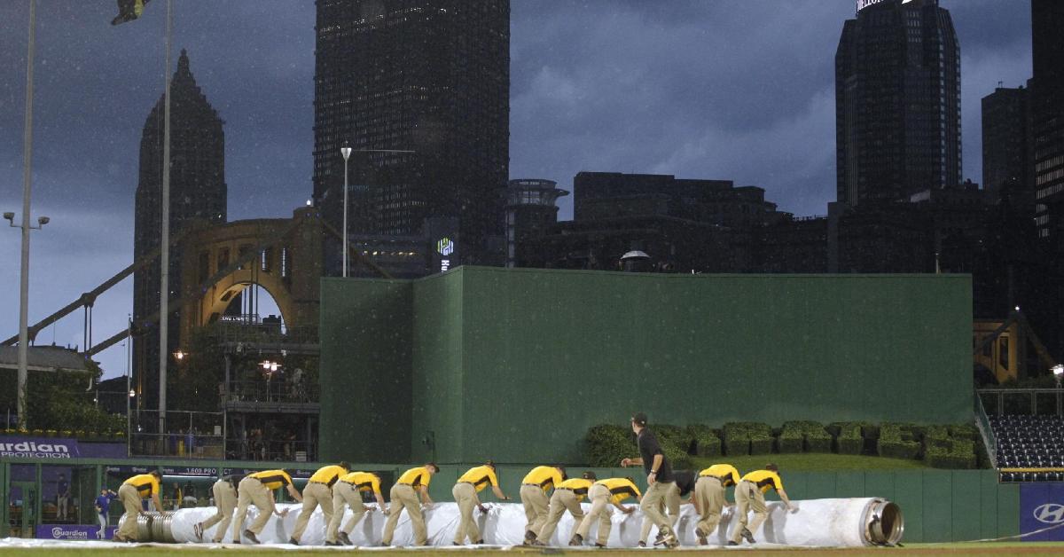 A squall at PNC Park resulted in a rain delay that spanned a little over two hours on Tuesday night. (Credit: Charles LeClaire-USA TODAY Sports)