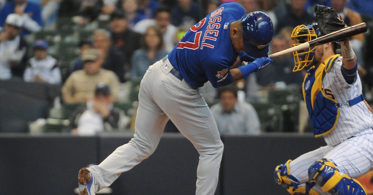 Addison Russell suffered concussion-like symptoms and a nasal contusion due to being hit in the head by a pitch. (Credit: Michael McLoone-USA TODAY Sports)
