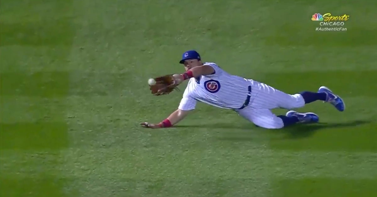 Chicago Cubs left fielder Kyle Schwarber laid out for a fantastic catch with a runner in scoring position.