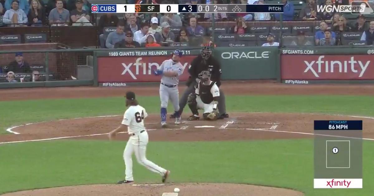 Kyle Schwarber pelted a high drive at Oracle Park that nearly sailed out into McCovey Cove.