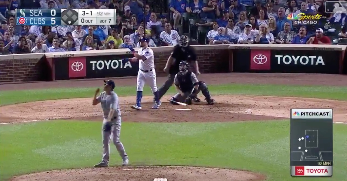 After drilling a 412-foot moonshot, Kyle Schwarber was quick to drop his bat while marveling at his handiwork.