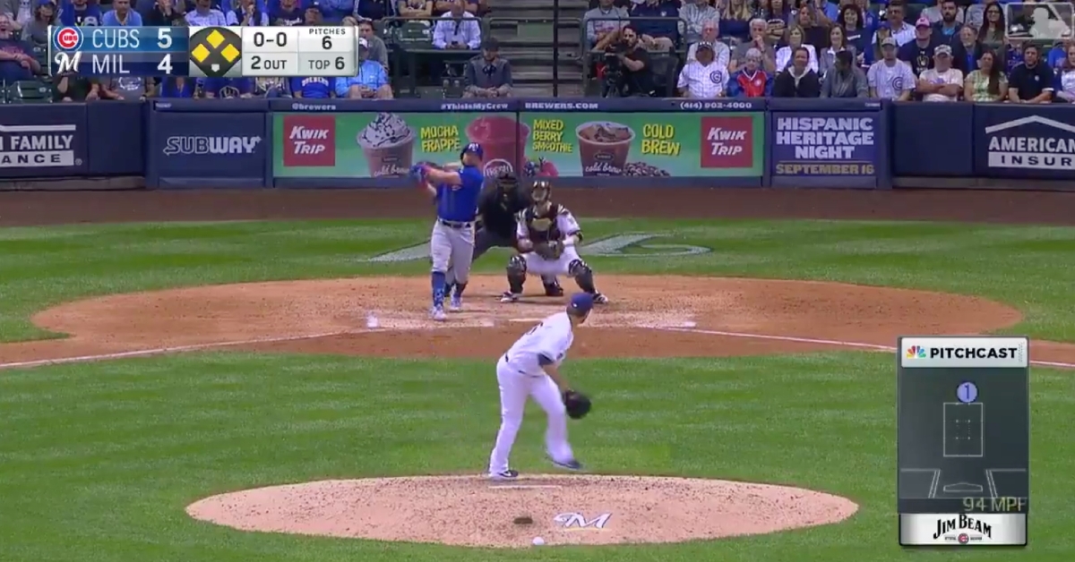Chicago Cubs slugger Kyle Schwarber drilled a 442-foot grand slam into the upper deck at Miller Park.
