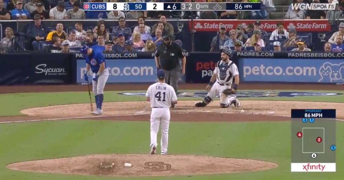 Kyle Schwarber went down to one knee in pain after hitting a foul ball that bounced directly into his crotch.