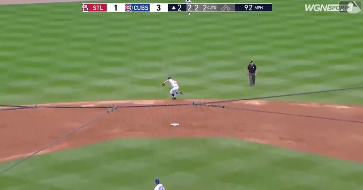 38-year-old Chicago Cubs second baseman Ben Zobrist made an athletic play that featured a jump throw.