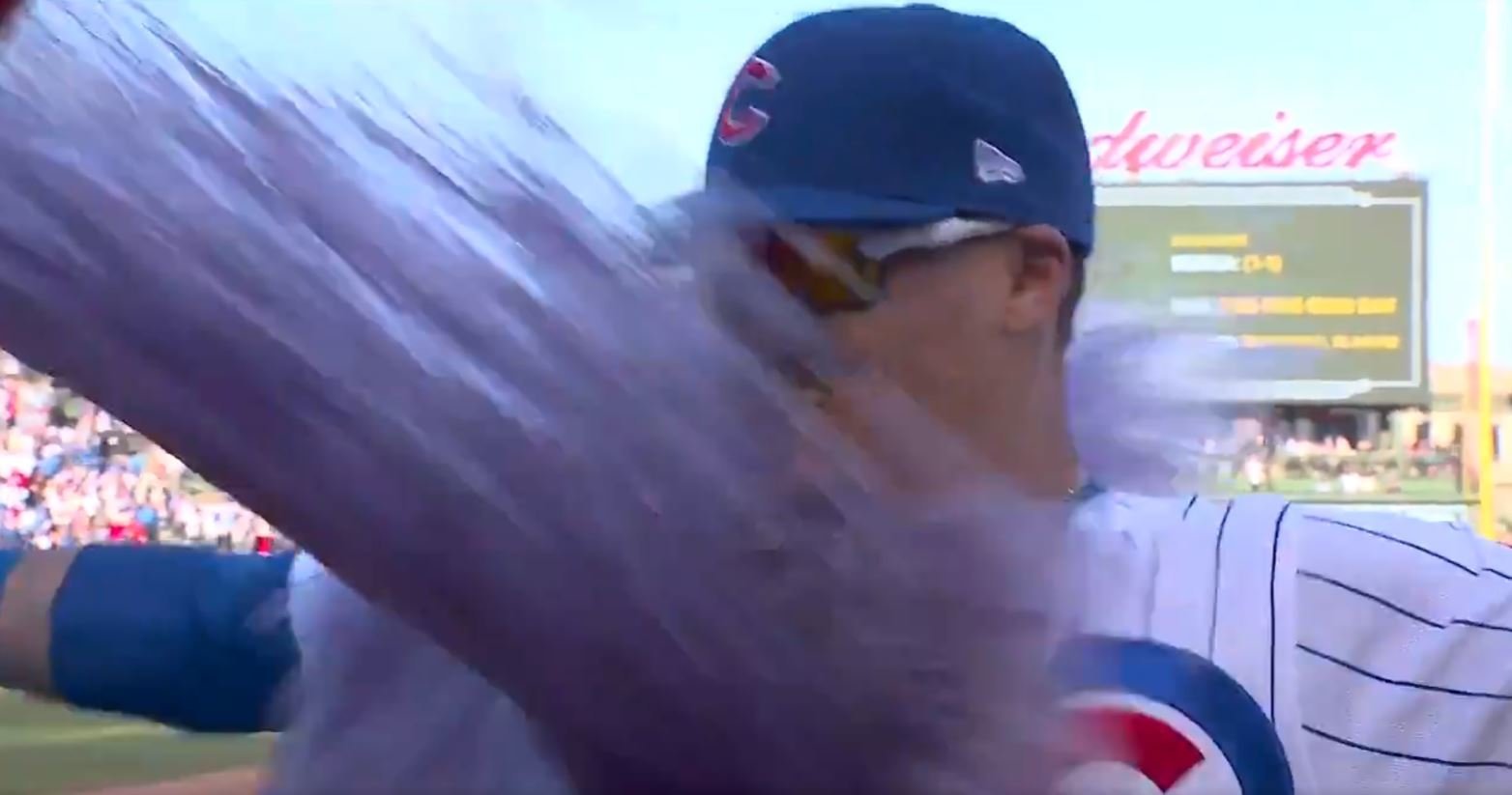 Chicago Cubs shortstop Javier Baez received a Gatorade bath after hitting a game-winning home run on Saturday.