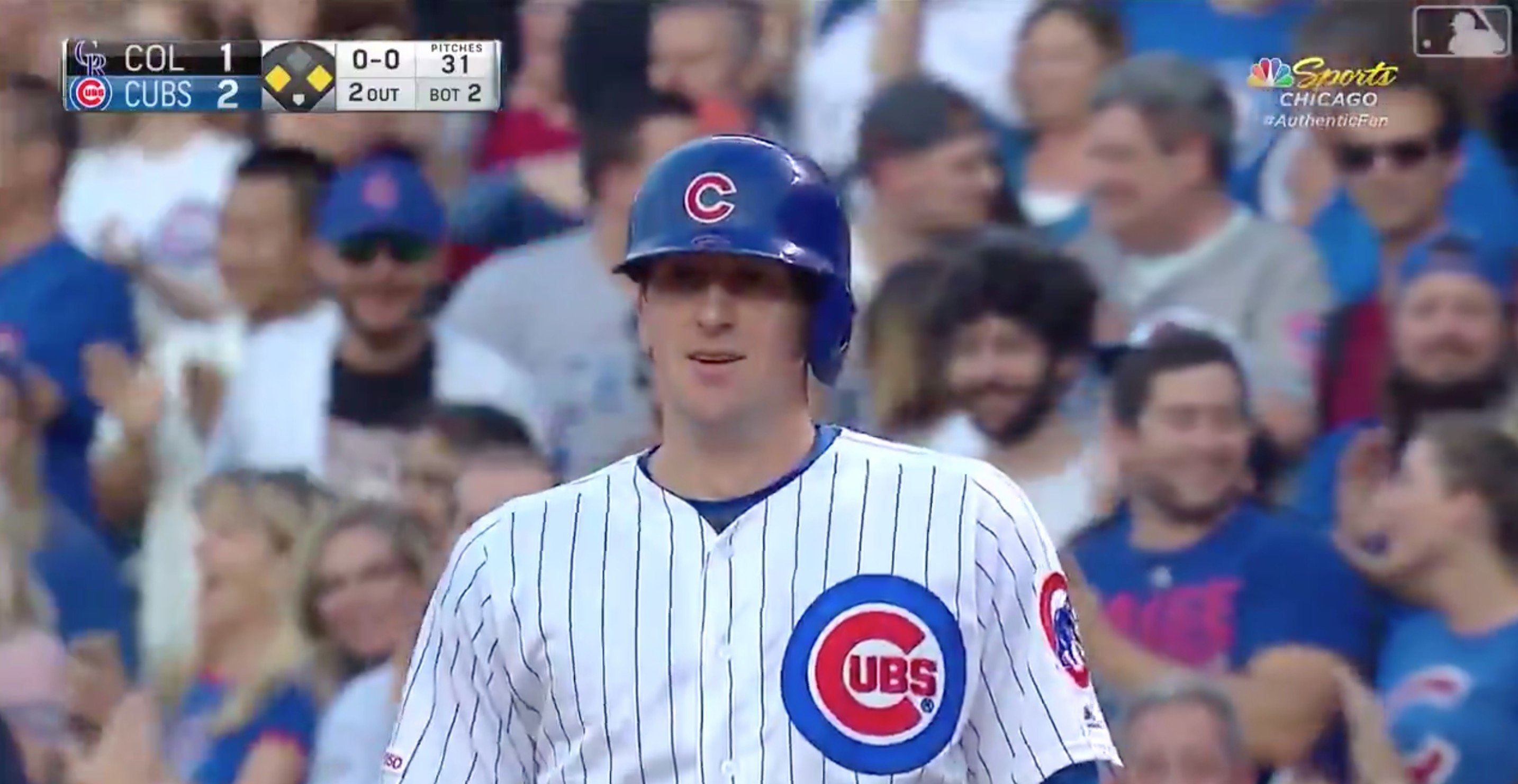 Kyle Hendricks was quite pleased with himself after hitting a bloop RBI single. (Credit: David Kohl-USA TODAY Sports)