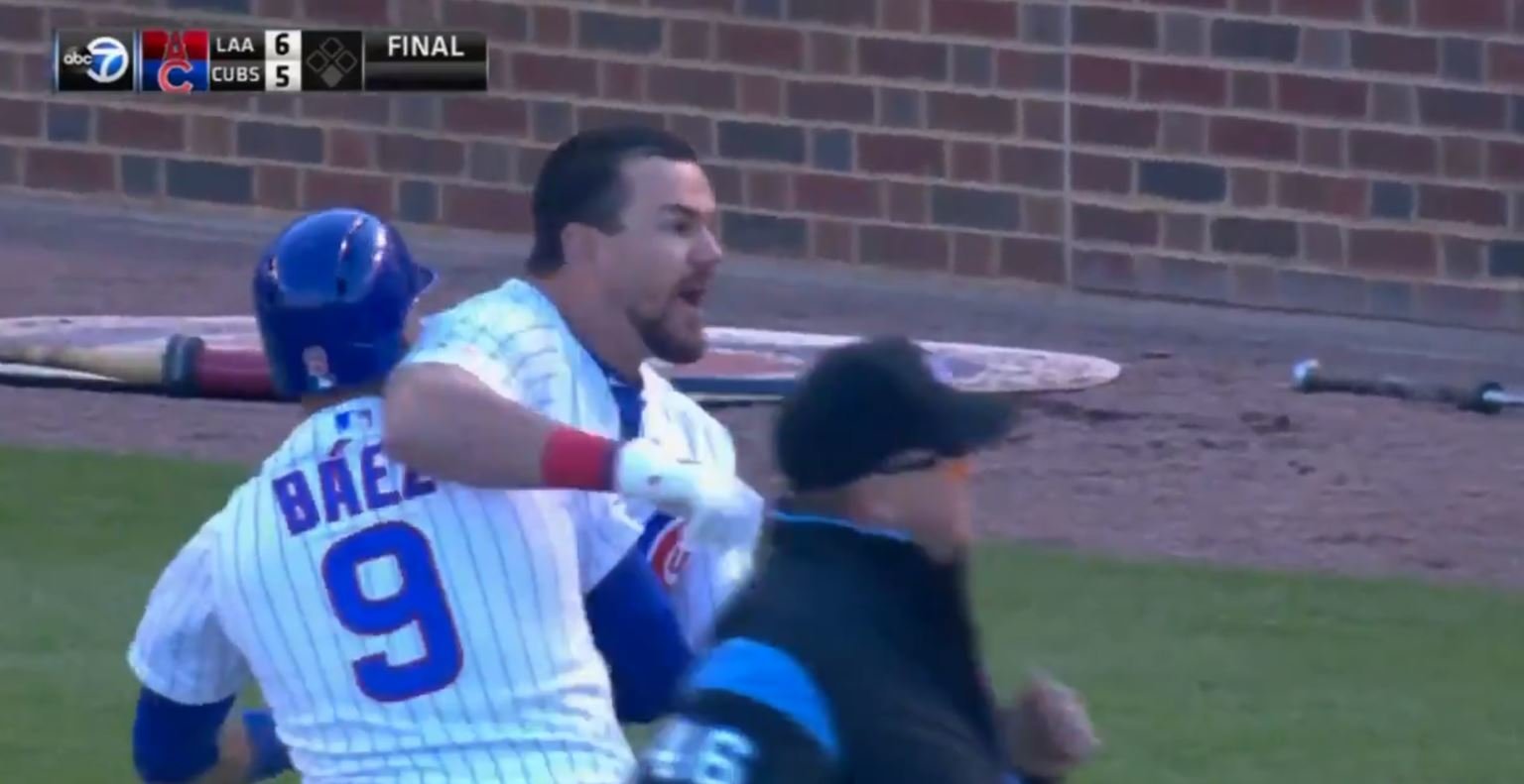Kyle Schwarber lost his cool after getting called out on a checked swing to end the game. (Credit: Patrick Gorski-USA TODAY Sports)