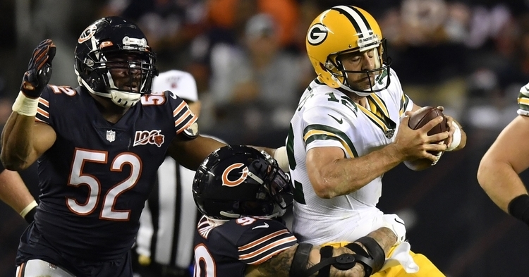 The Bears' defense sacked Aaron Rodgers five times but received very little support from the Bears' offense. (Credit: Quinn Harris-USA TODAY Sports)
