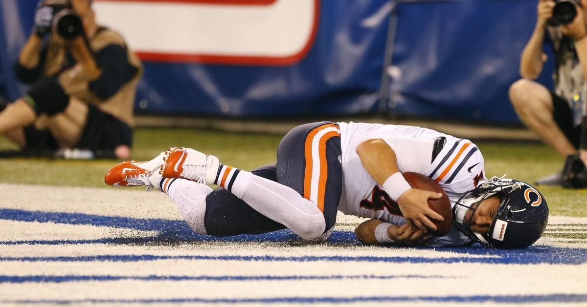 Chicago Bears quarterback Chase Daniel was forced to give himself up for a safety as a result of a botched snap. (Credit: Noah K. Murray-USA TODAY Sports)