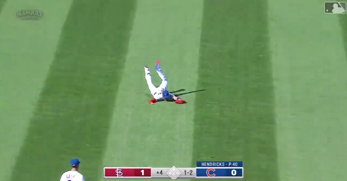 Albert Almora Jr. fully extended for a superb catch to rob the Cardinals of a hit.