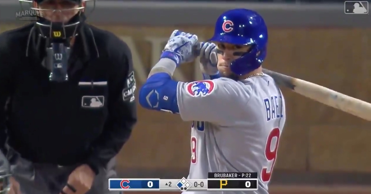 Cubs shortstop Javier Baez opted to bunt with two outs, and it paid off, as he reached base while a run scored.
