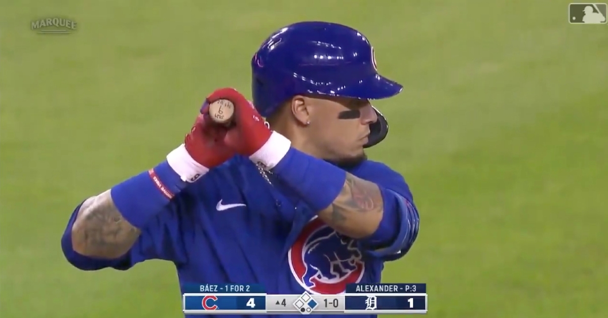 Javier Baez powered a changeup 425 feet out to right-center at Comerica Park.
