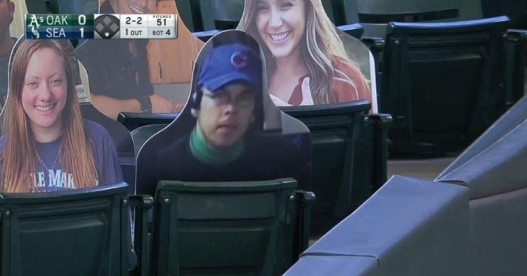 A cardboard cutout of the notorious Steve Bartman appeared at the Mariners' ballpark. (Credit: @Talking_Reds on Twitter)