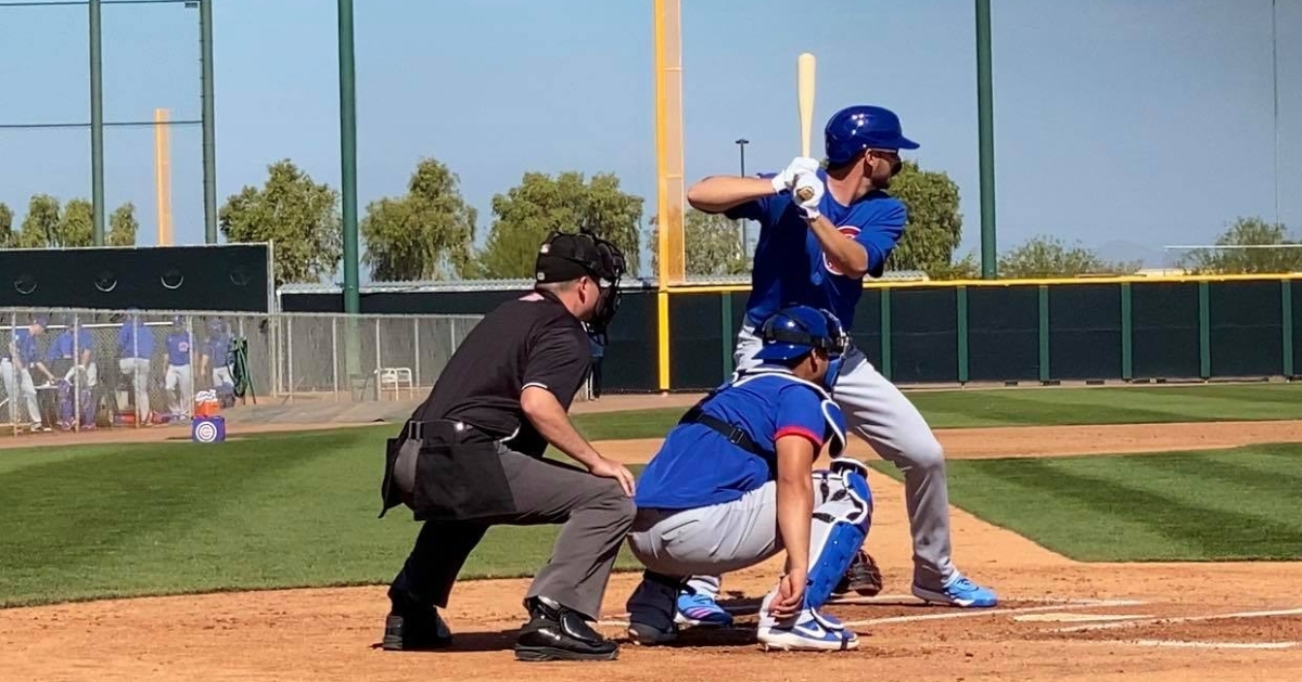 Kris Bryant getting in some reps at the plate on Monday afternoon