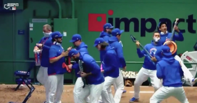 Fake musical instruments made for a rowdy home run celebration in the Cubs' bullpen.