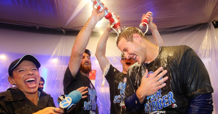 The age-old MLB tradition of teammates soaking other teammates with booze will likely go on hiatus this postseason. (Credit: Jerry Lai-USA TODAY Sports)
