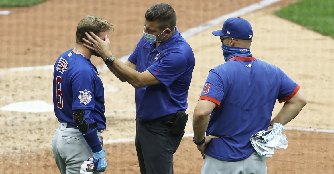 Ian Happ was forced to exit Thursday's Cubs-Pirates game after being hit in the face by a foul ball. (Credit: Charles LeClaire-USA TODAY Sports)