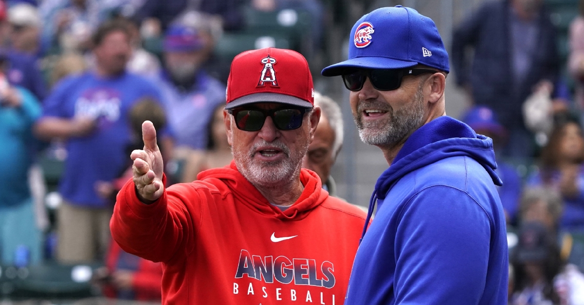 Maddon and Rossy during pregame (Rick Scuteri - USA Today Sports)