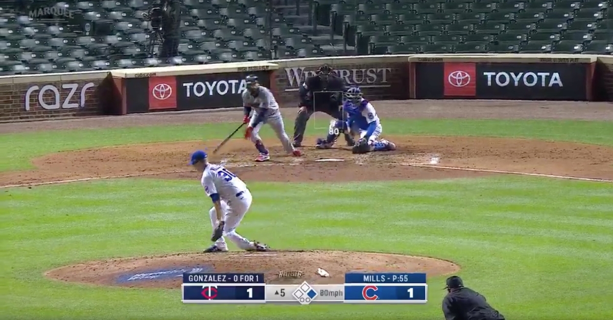 Cubs pitcher Alec Mills fielded a comebacker between his legs, setting up a 1-6-3 double play.