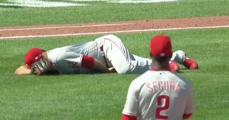Phillies reliever Jose Alvarez was somehow able to field a ball and toss it to first base after it drilled him in the groin.