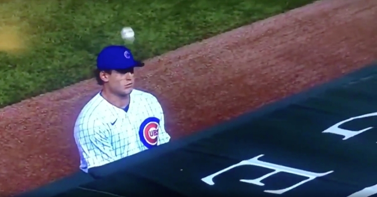A foul ball hilariously boinked Anthony Rizzo in the head after rolling off the protective netting and bouncing off a dugout.