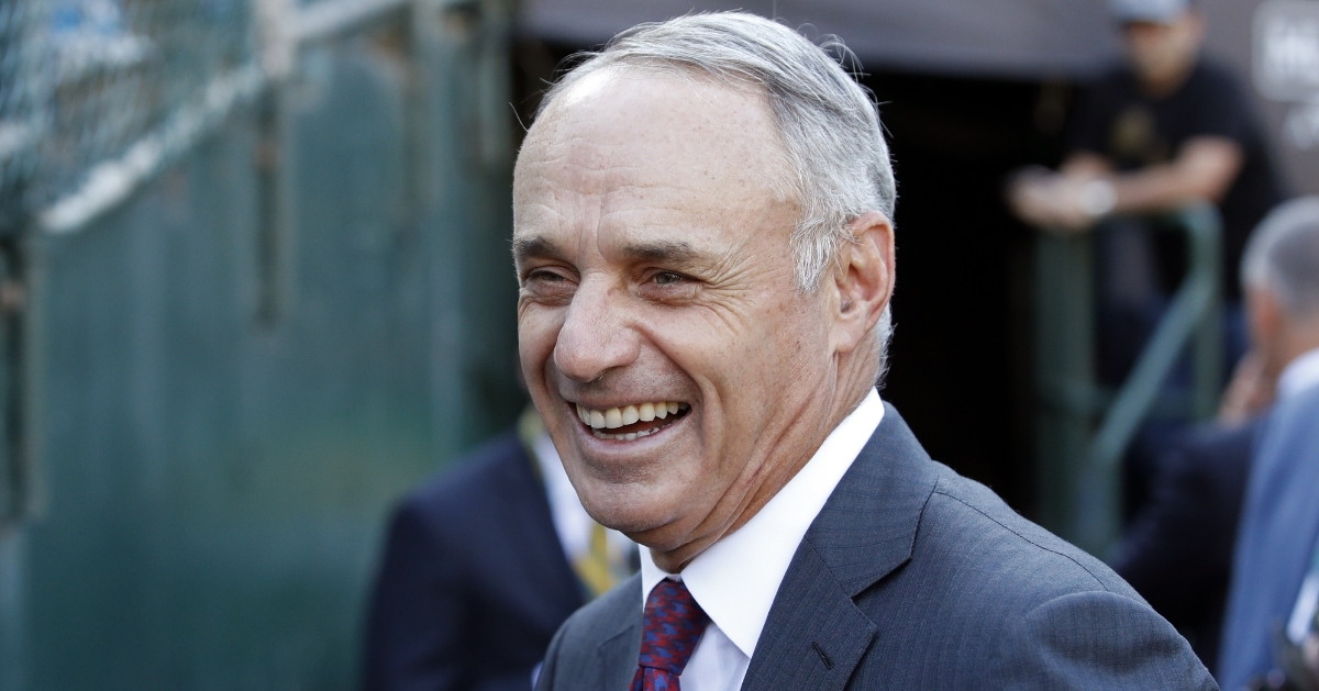 MLB Commissioner Rob Manfred threatened to cancel the rest of the 2020 season on Friday. (Credit: Darren Yamashita-USA TODAY Sports)