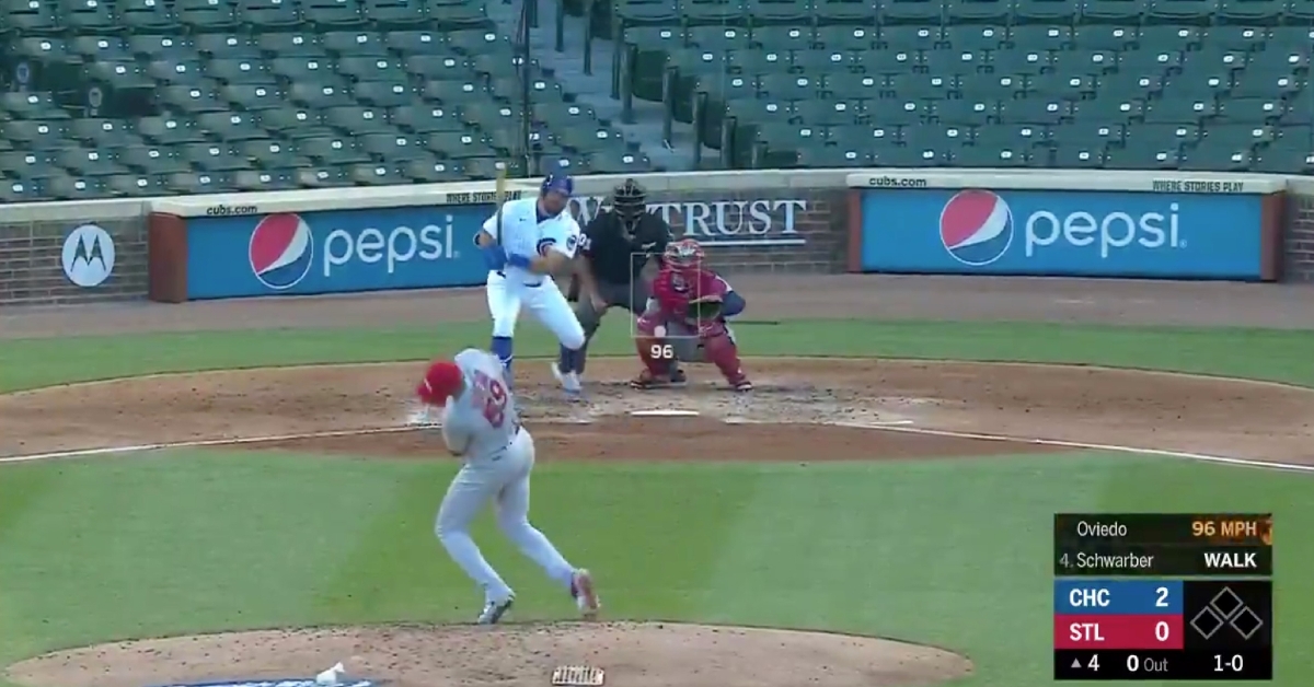 Johan Oviedo narrowly avoided getting drilled in the face by a line drive hit off Kyle Schwarber's bat.