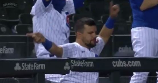 Kyle Schwarber likes to have fun in the dugout