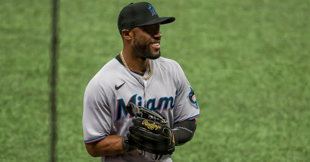 Miami Marlins center fielder Starling Marte might be able to play with a finger fracture. (Credit: Mary Holt-USA TODAY Sports)
