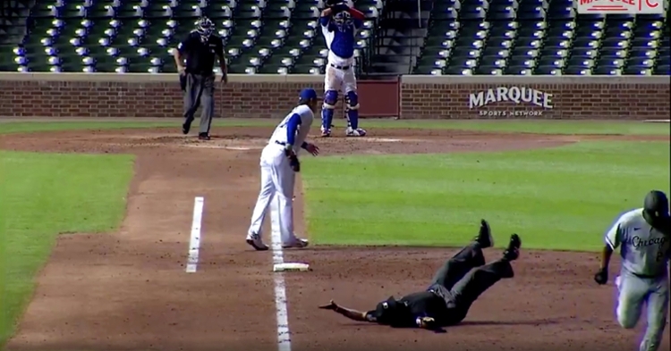 An umpire fell flat on his back while trying to get out of Edwin Encarnacion's way.
