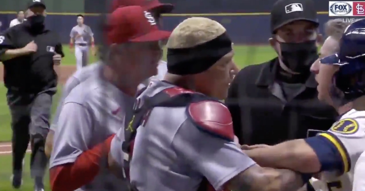 Cardinals catcher Yadier Molina was irate over something said to him from the Brewers' dugout.