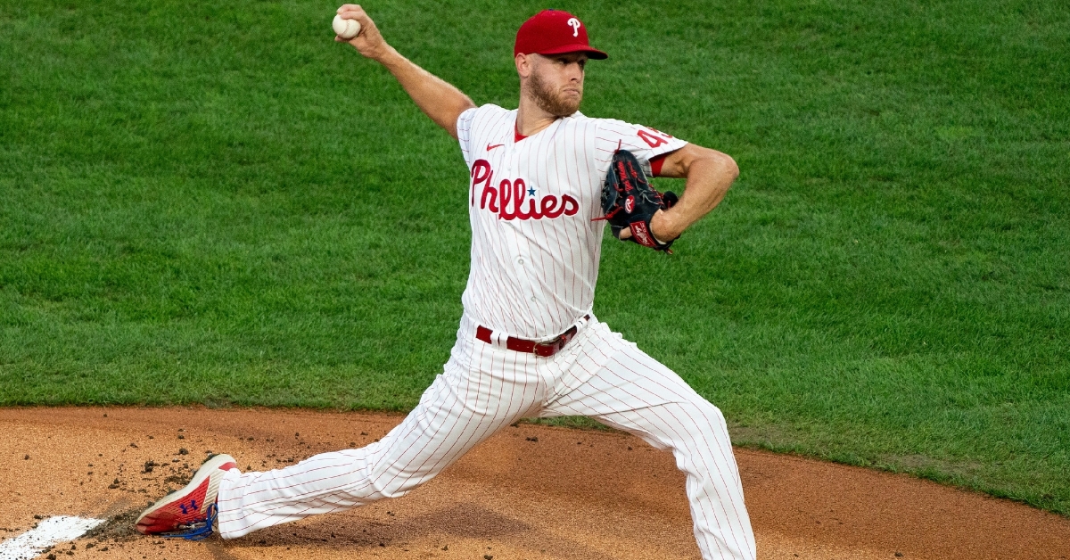 Philadelphia Phillies starting pitcher Zack Wheeler injured his pitching hand while getting dressed. (Credit: Bill Streicher-USA TODAY Sports)